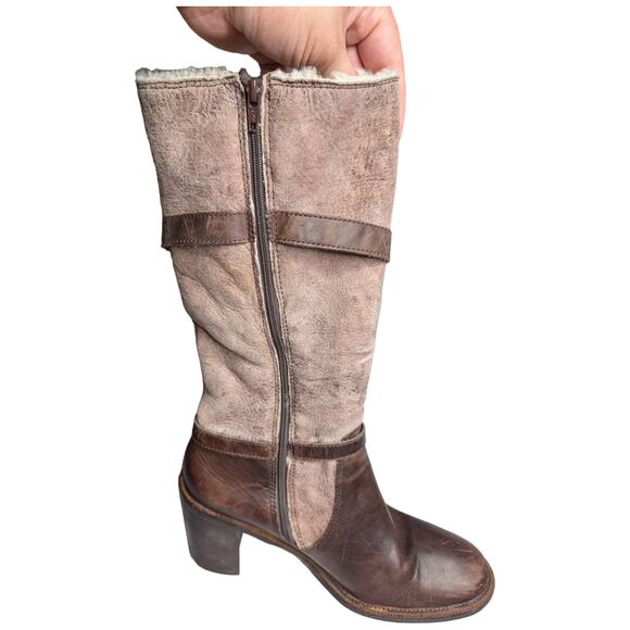 Matisse Brown Leather Beige Suede Shearling Lined Block Heel Tall Boots 9.5 - Picture 4 of 8